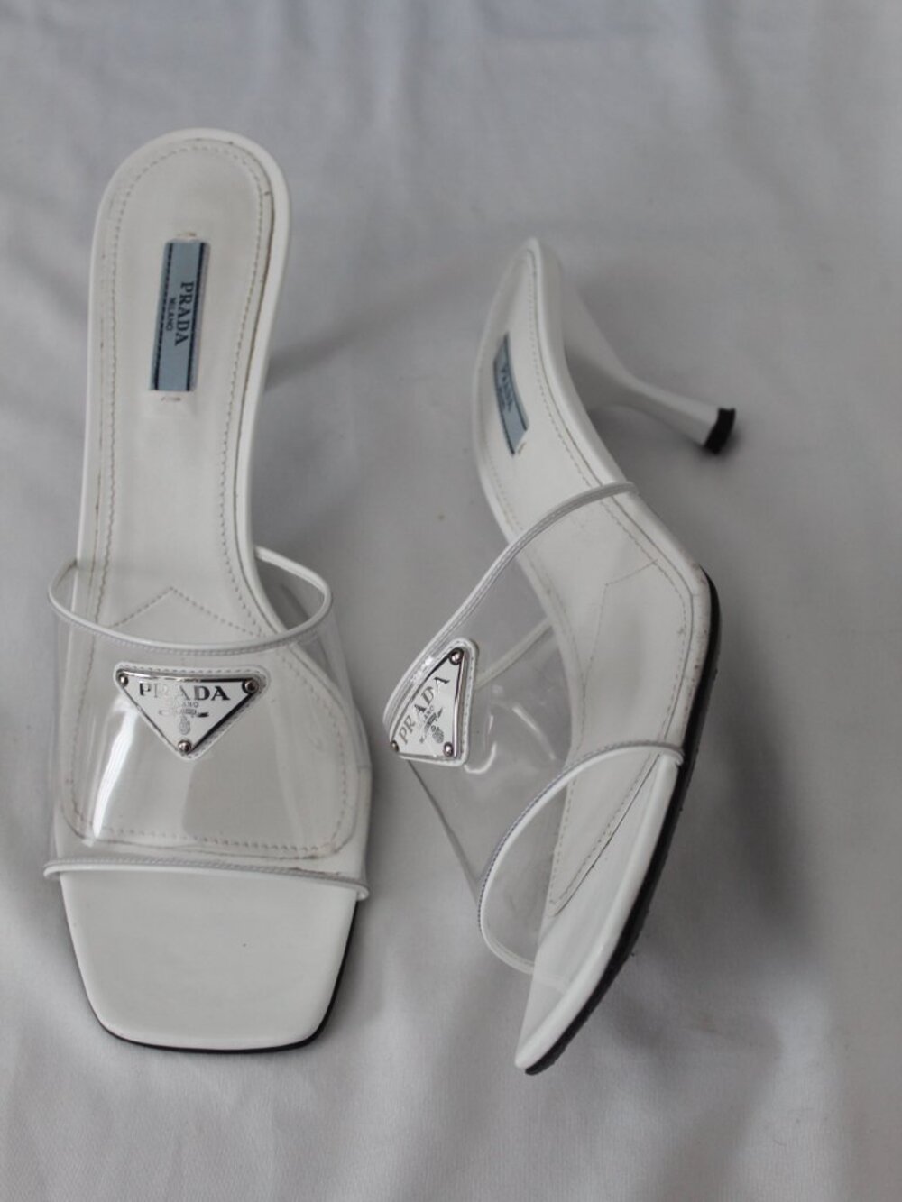 PRADA White Triangle Logo Kitten Heel Mules Sandals Slides Slip Ons PVC 41